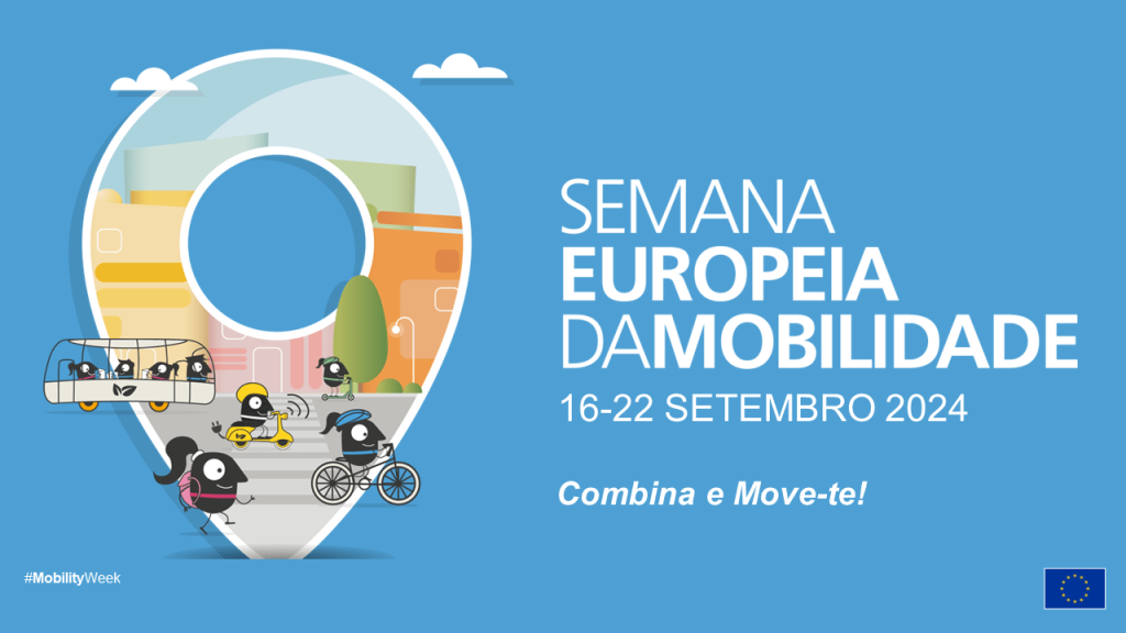 Ilustração promocional da Semana Europeia da Mobilidade, com o texto: "Semana Europeia da Mobilidade – 16 a 22 de Setembro de 2024 – Combina e Move-te!". A imagem tem fundo azul e mostra uma grande marca de localização com uma cidade estilizada no interior. Pequenas personagens pretas com olhos grandes usam vários meios de transporte sustentável, como autocarro, bicicleta, trotinete e a pé. No canto inferior direito, encontra-se a bandeira da União Europeia.