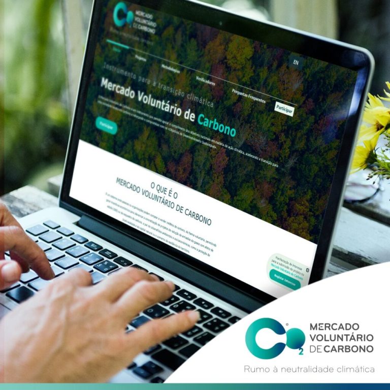Pessoa utiliza um computador portátil que exibe o site do Mercado Voluntário de Carbono. O ecrã apresenta o título “Instrumento para a transição climática – Mercado Voluntário de Carbono” sobre uma imagem aérea de floresta. No canto inferior direito, surge o logótipo da iniciativa com a legenda “Rumo à neutralidade climática”.