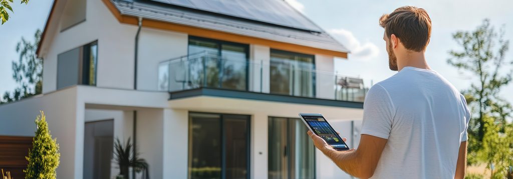 homem em frente a uma moradia a consultar um tablet