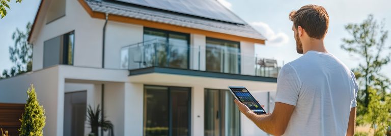 homem em frente a uma moradia a consultar um tablet