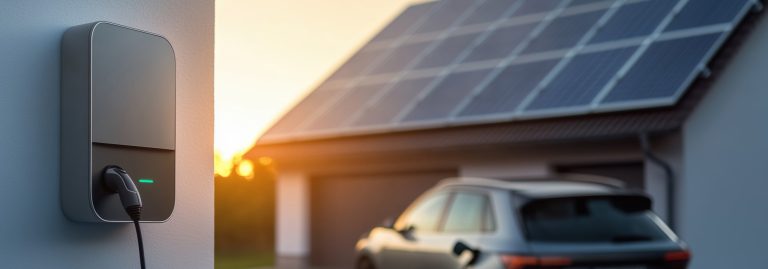 sistema de carregamento de VE's e uma casa de habitação com painel fotovoltaico no fundo