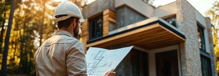 Técnico junto a obra de edifício com uma planta na mão
