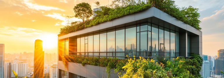 Edifício com cobertura verde.