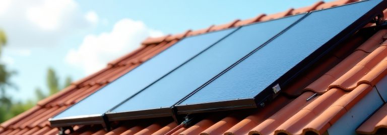 Coletores solares num telhado, dispostos em perspectiva